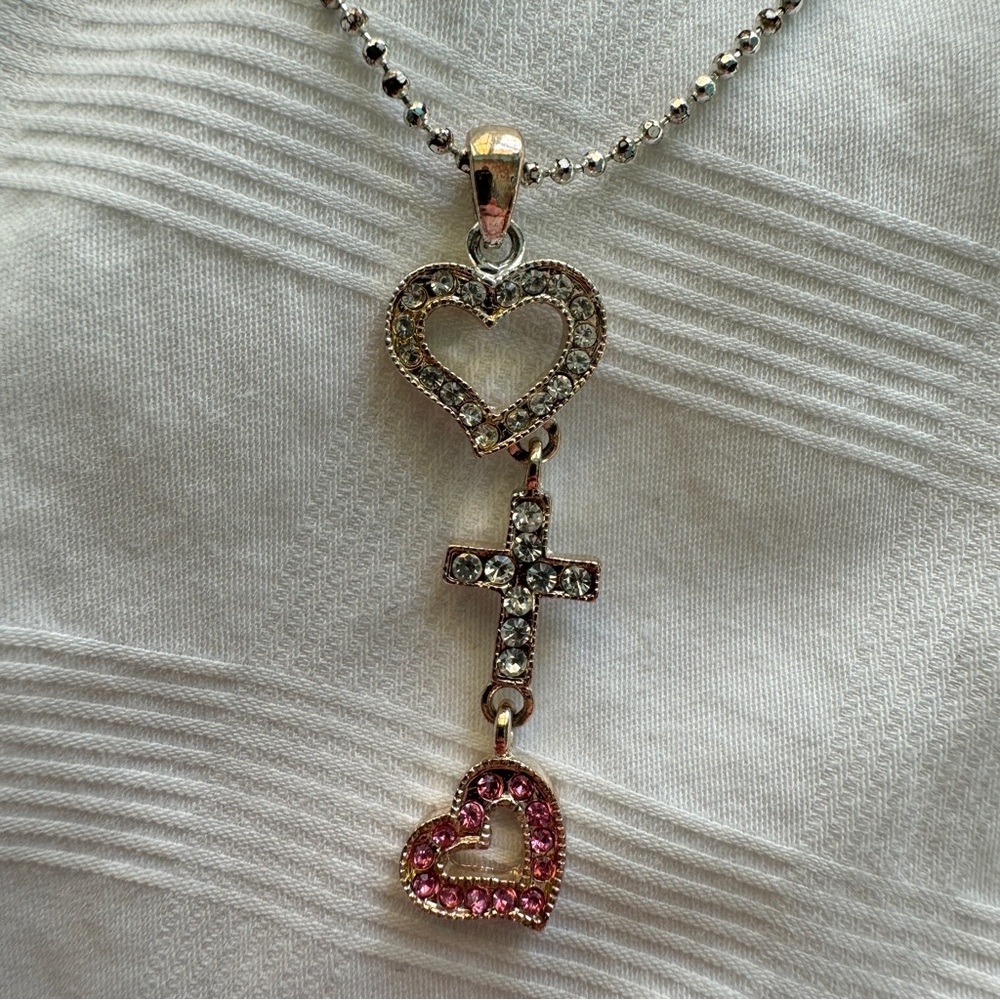 Elegant Silver and Pink Heart Cross Pendant Necklace